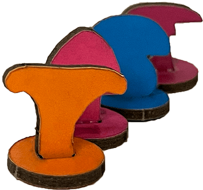 32 mushroom tokens in various colors